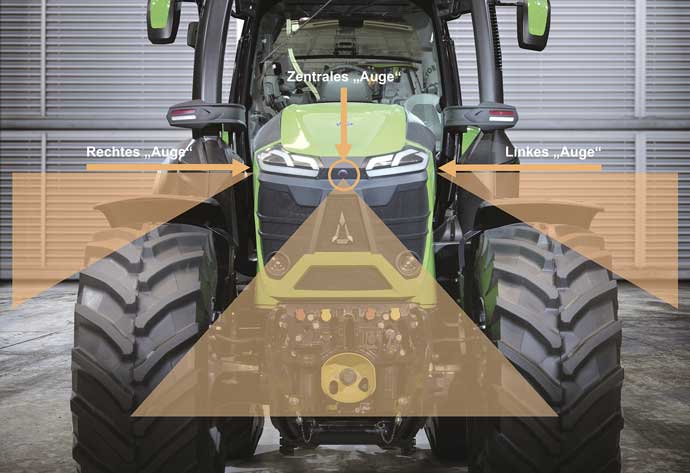 A homlokoldali kamera a takar&aacute;sban levő szem&eacute;lyt is &eacute;szreveszi &eacute;s jelzi (Same Deutz Fahr)